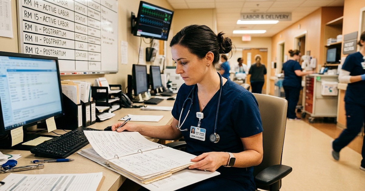 Certified nurse midwife in scrubs reviewing patient charts at labor and delivery nursing station
