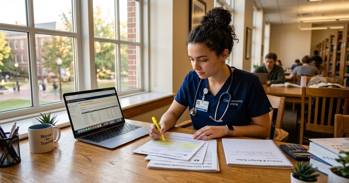 nursing student in scrubs highlighting FAFSA financial aid documents at a university library desk