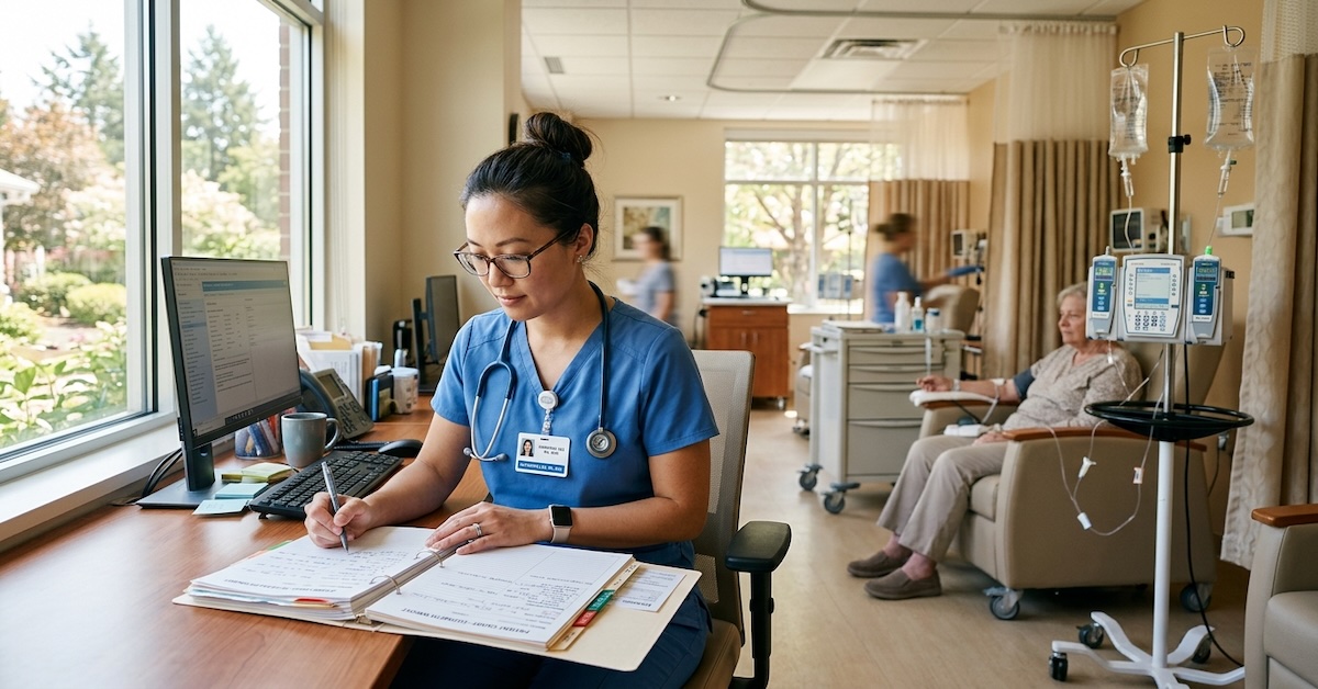 RN documenting patient chart in oncology infusion center with patient receiving IV therapy in background