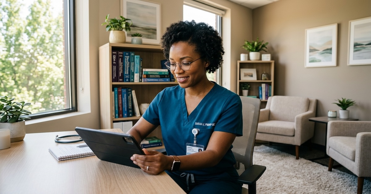 PMHNP-BC reviewing patient notes on tablet at desk in psychiatric outpatient clinic office