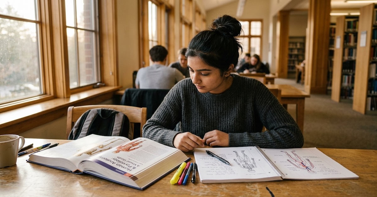 pre-nursing student studying Human Anatomy and Physiology textbook with notes in college library
