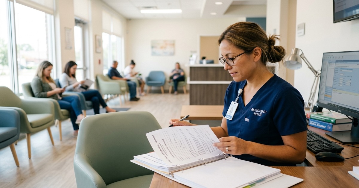  registered nurse reviewing paperwork binder at community clinic desk, patients visible in waiting room