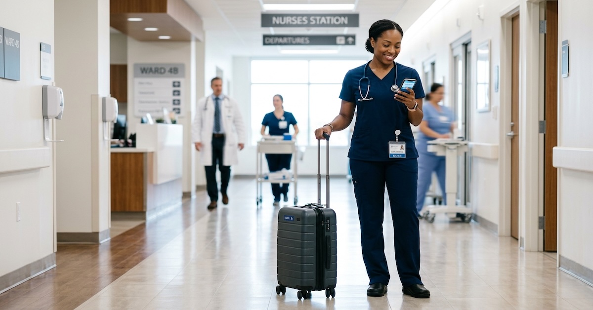 Registered nurse in scrubs with rolling luggage checking phone in a hospital corridor
