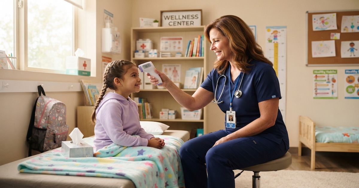 school nurse using forehead thermometer to check young student's temperature in school wellness center
